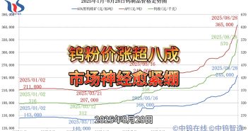 鎢粉價格漲超八成,市場“神經”愈繃愈緊 2025年1月-8月28日鎢制品價格走勢